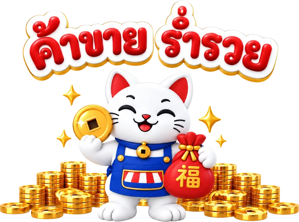 แมวผู้ช่วยร้านของเว็บนี้ดีถือเหรียญทอง กับป้าย ค้าขายร่ำรวย